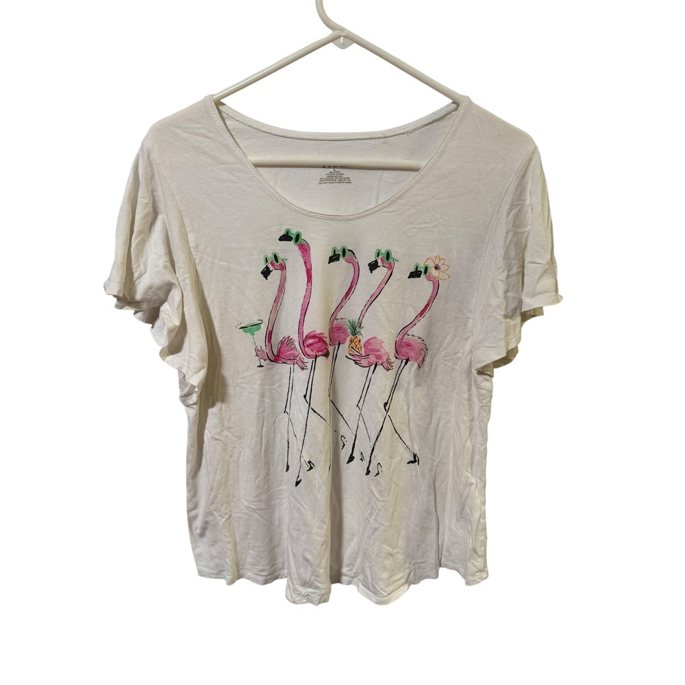Hue Size Large Flamingo Graphic Tee Off White Short Sleeve Scoop Neck Top